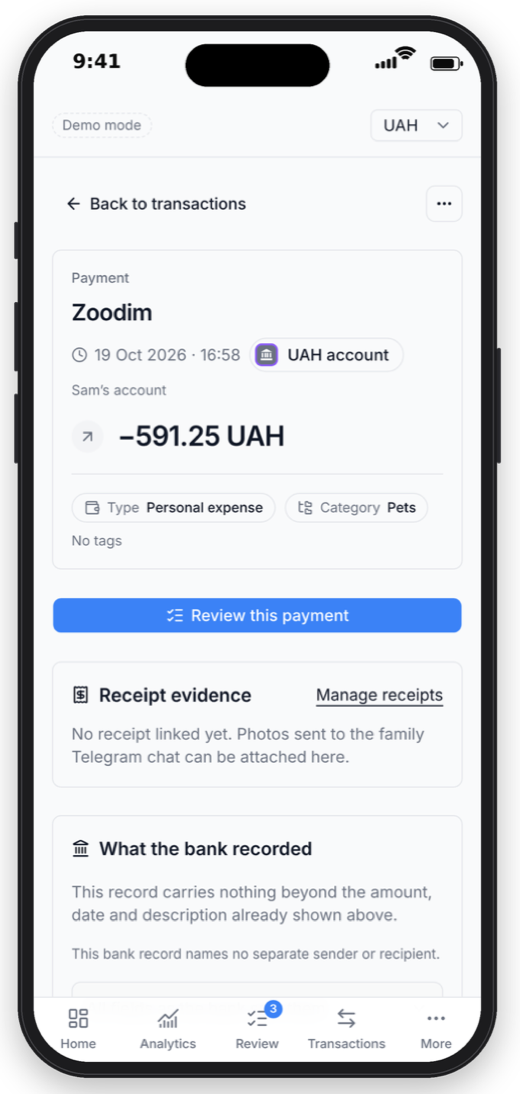 A payment card with type, category, receipt evidence and the bank's record